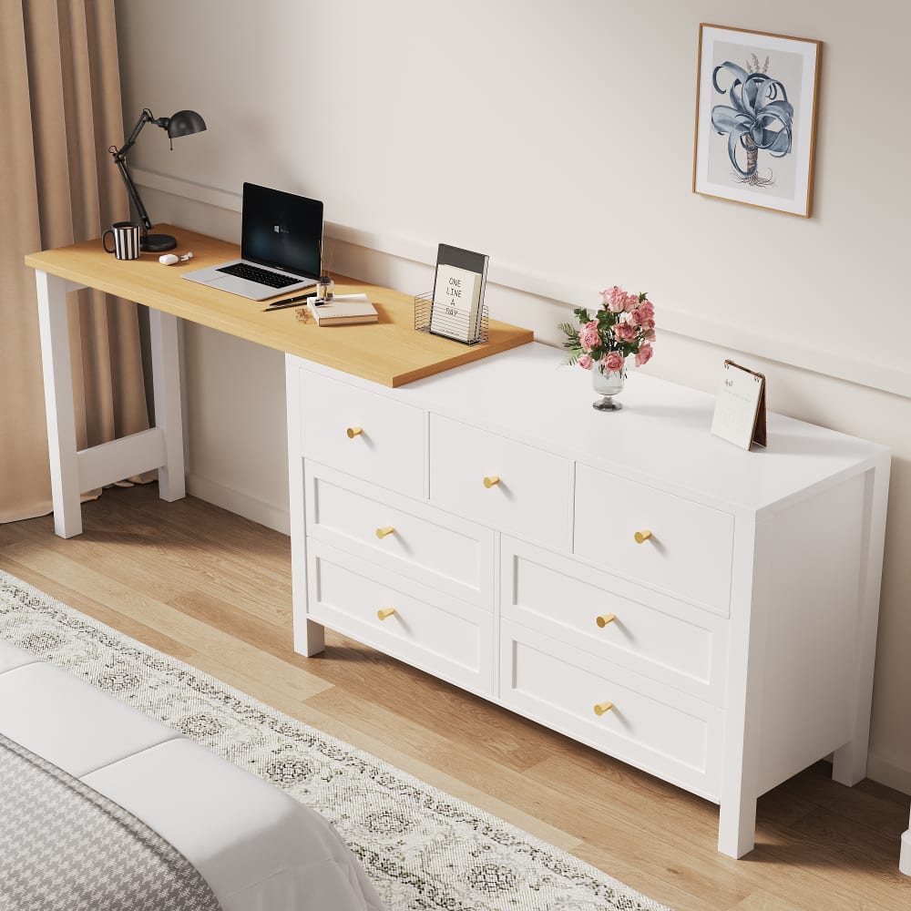 Bureau rétratable 360° effet chêne avec armoire blanc 7 tiroirs