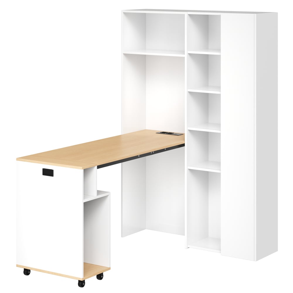 Bureau d'angle retratable effet bois et armoire bibloteque blanc