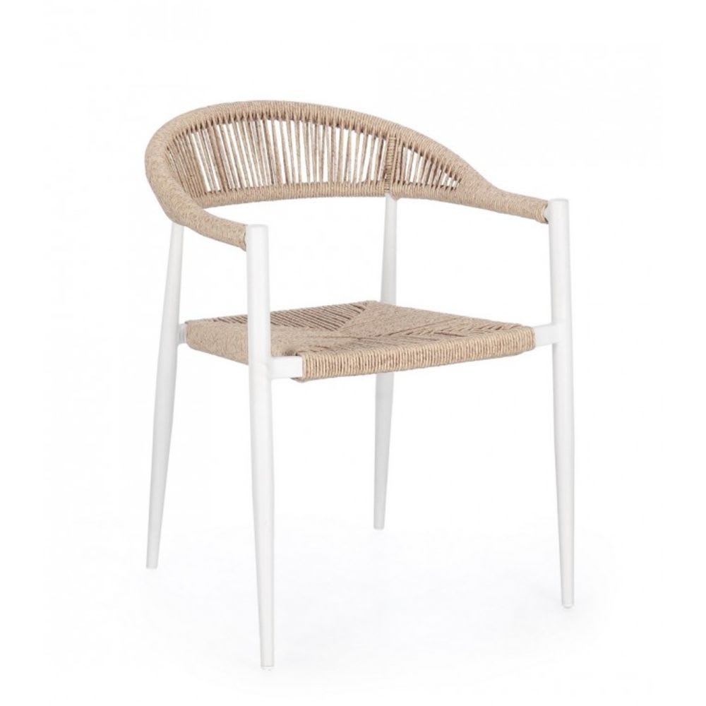 Lot+de+4+chaises+en+aluminium+blanc+et+fibre+tissee+beige