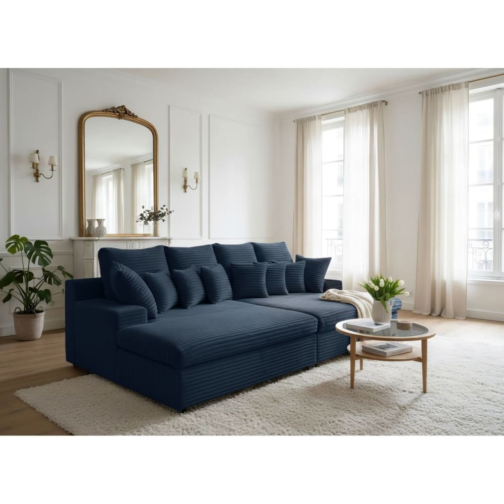 Canapé droit 4 places, double méridienne, velours côtelé bleu foncé