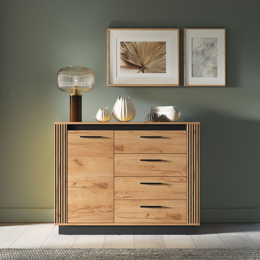 Kommode mit Tür & Schubladen aus MDF, braun / schwarz,