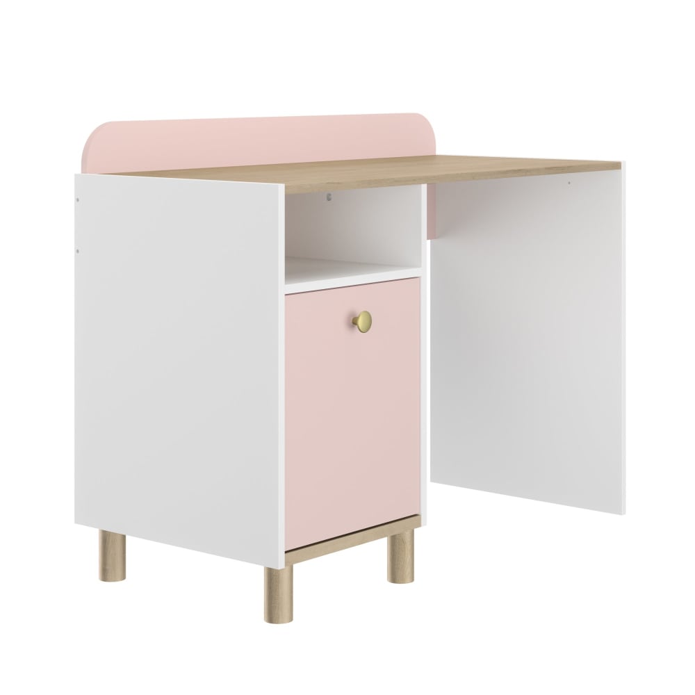 Bureau 1 porte avec rangement effet bois blanc et poignée dorée