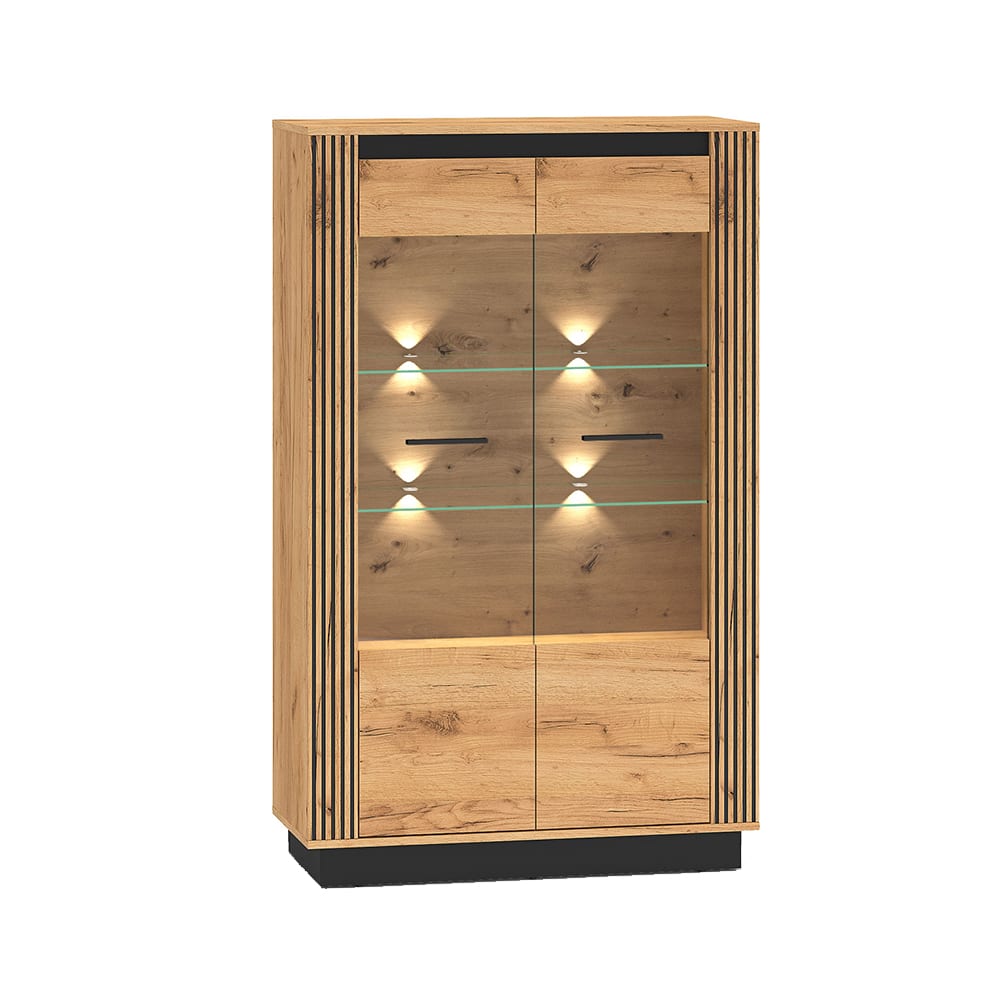 Feldmann-Wohnen Vitrine mit Türen & Beleuchtung aus MDF, 92x40x141cm, Eiche / schwarz style modern Braun Spanplatte