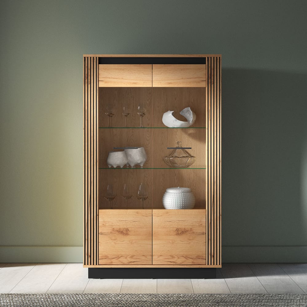 Vitrine mit Türen aus MDF, 92x40x141cm, Eiche / schwarz - Maisons