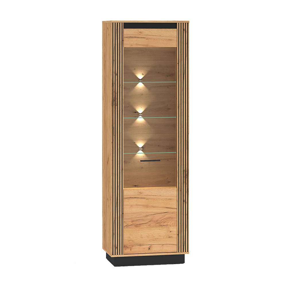Feldmann-Wohnen Vitrine mit Tür & Beleuchtung aus MDF, 65x40x200cm, Eiche / schwarz style modern Braun Spanplatte