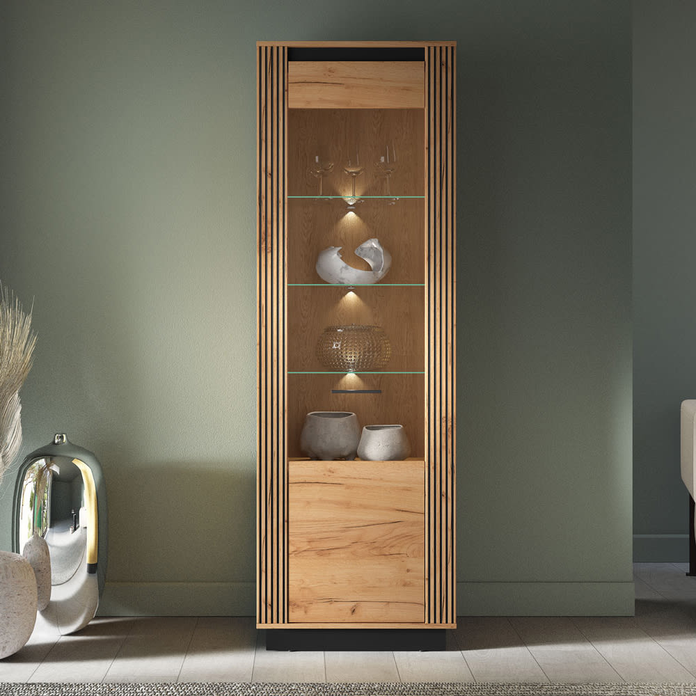 Vitrine mit Tür & Beleuchtung aus MDF, 65x40x200cm, Eiche /