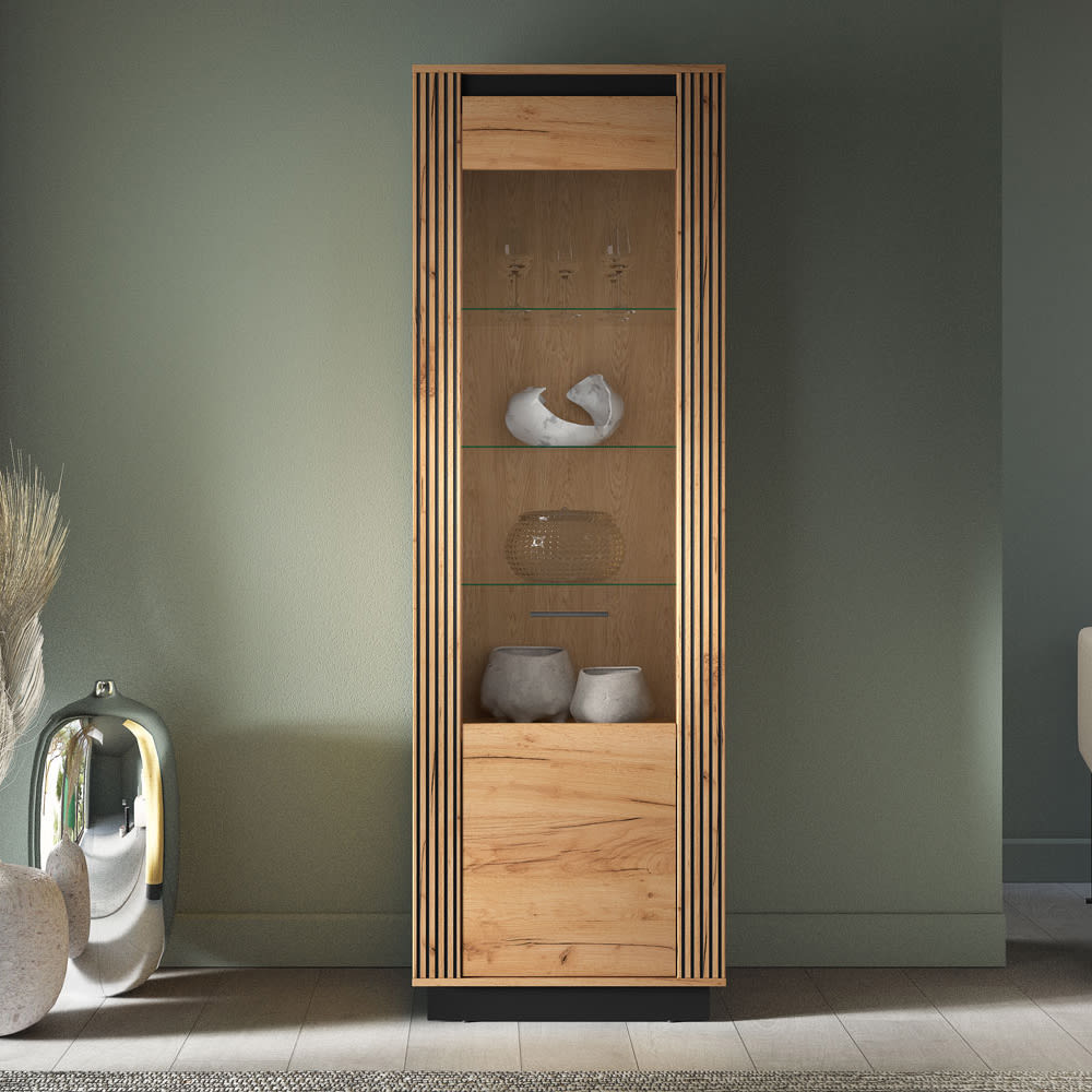 Vitrine mit Tür aus MDF, 65x40x200cm, Eiche / schwarz - Maisons