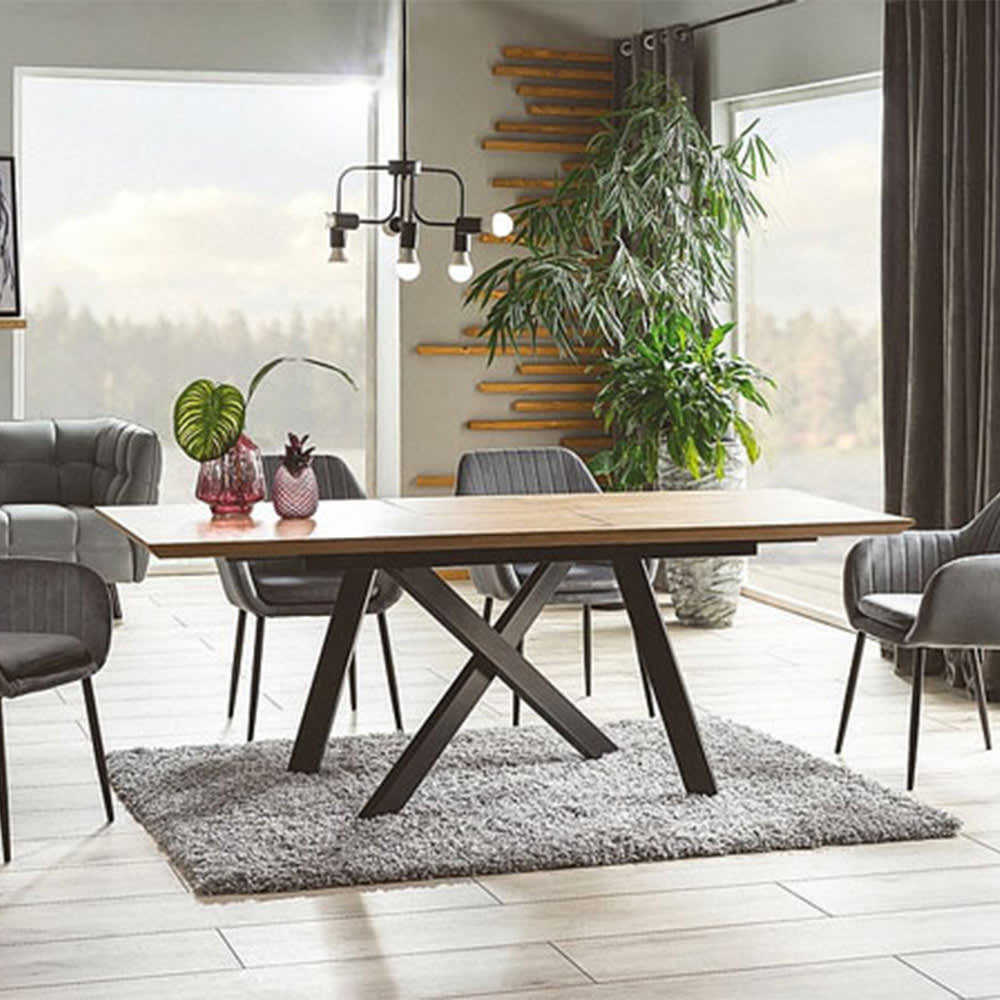Esstisch ausziehbar aus MDF & Metall 160-200x76x90cm, Eiche /
