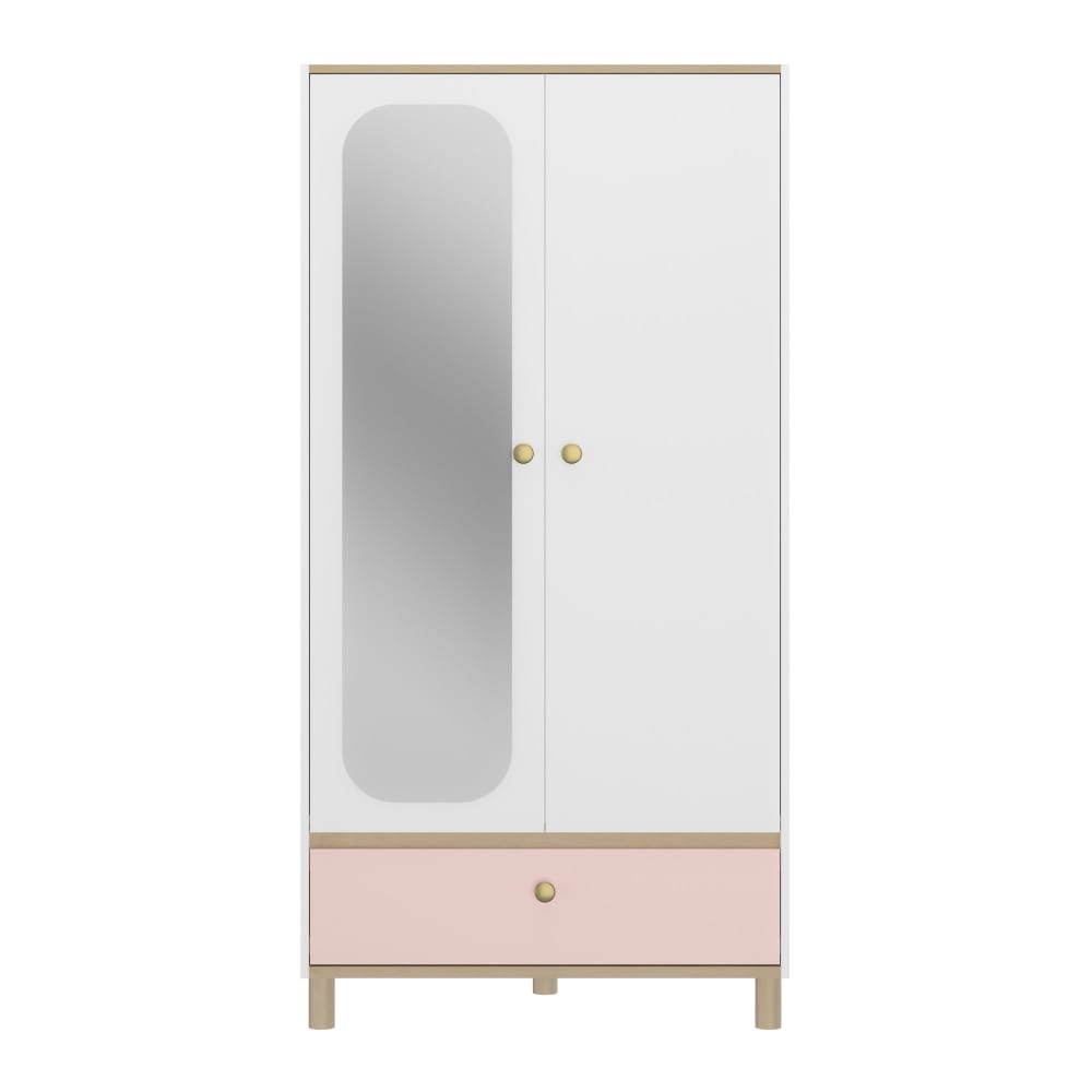 Armoire 2 portes effet bois chêne clair avec grand miroir blanc