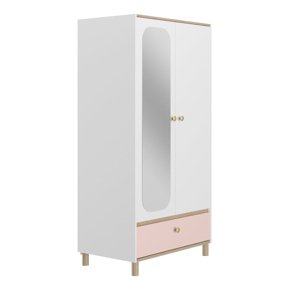 Armoire 2 portes effet bois chêne clair avec grand miroir blanc