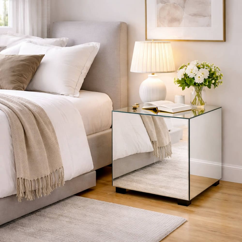 Table de chevet 1 tiroir en verre miroir
