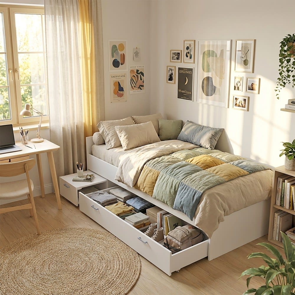 Lit TWIST 90x190 + chevet + tiroir / Blanc