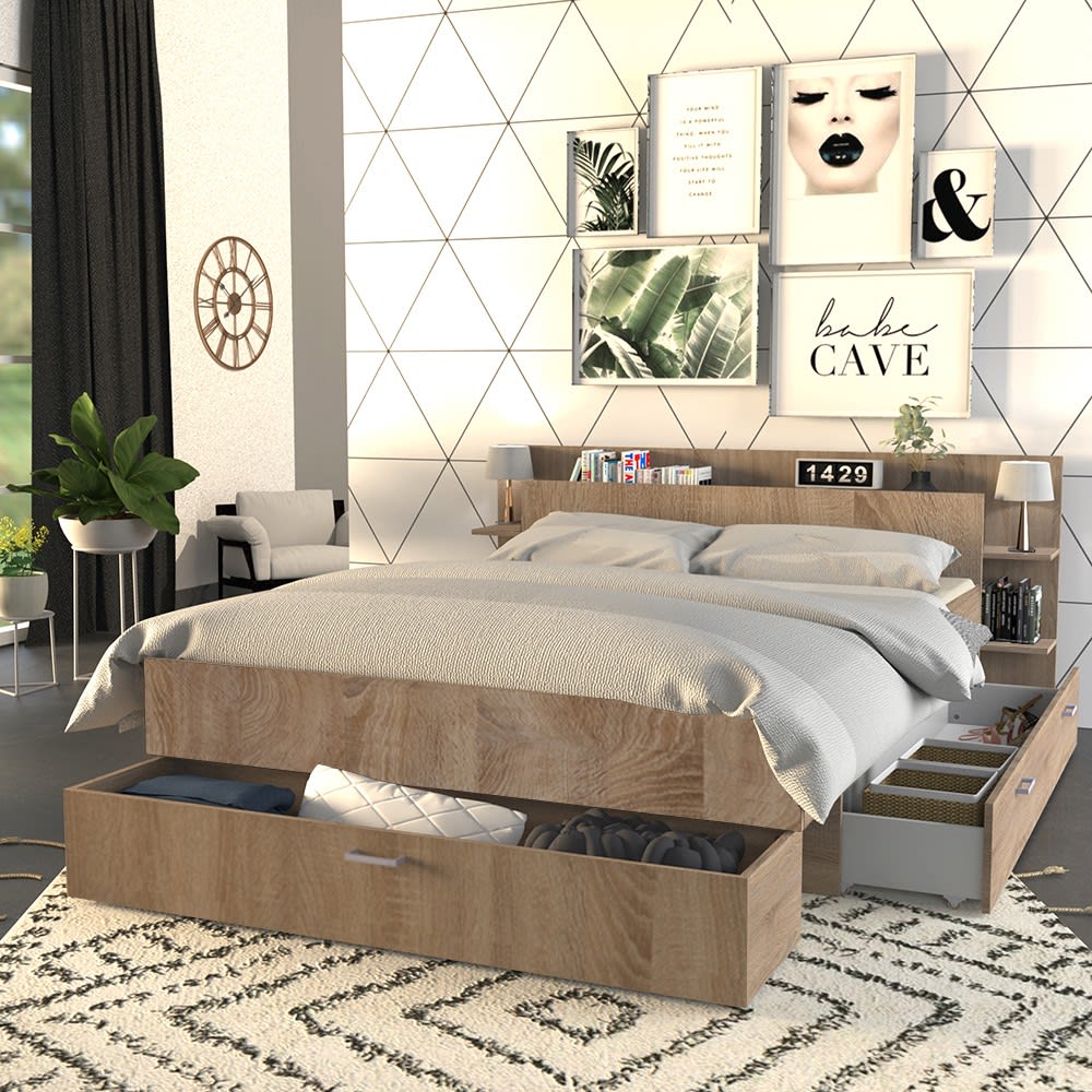 Lit SAMBA 140x190cm + tête de lit + 2 tiroirs / Décor Chêne blanchi