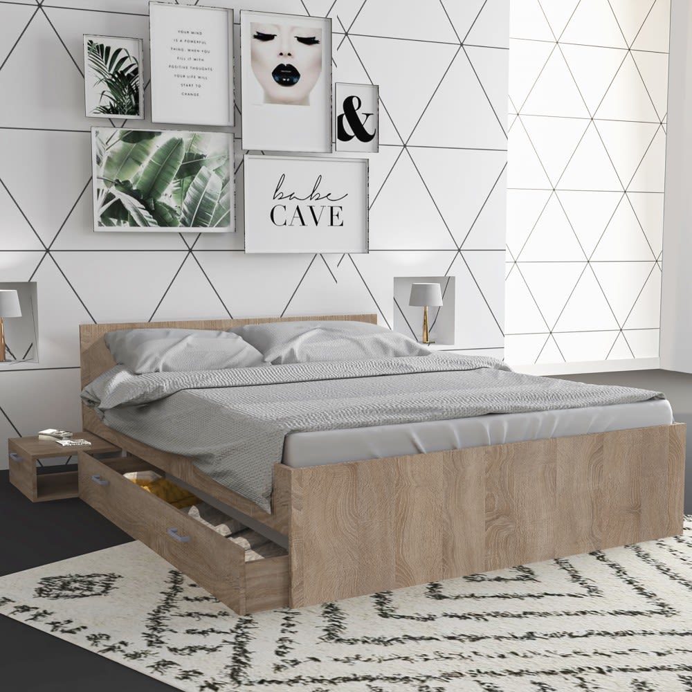 Lit TWIST 140x190+  1 chevet + 1 tiroir / Décor Chêne Blanchi