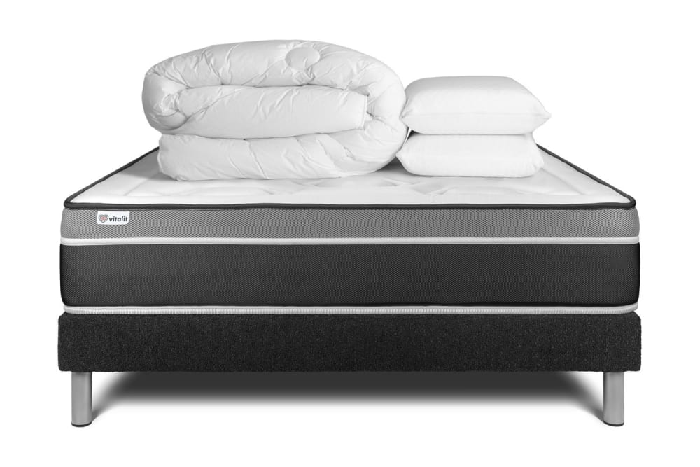 Pack sommier kit matelas Hybride 140x200 Noir Oreiller couette