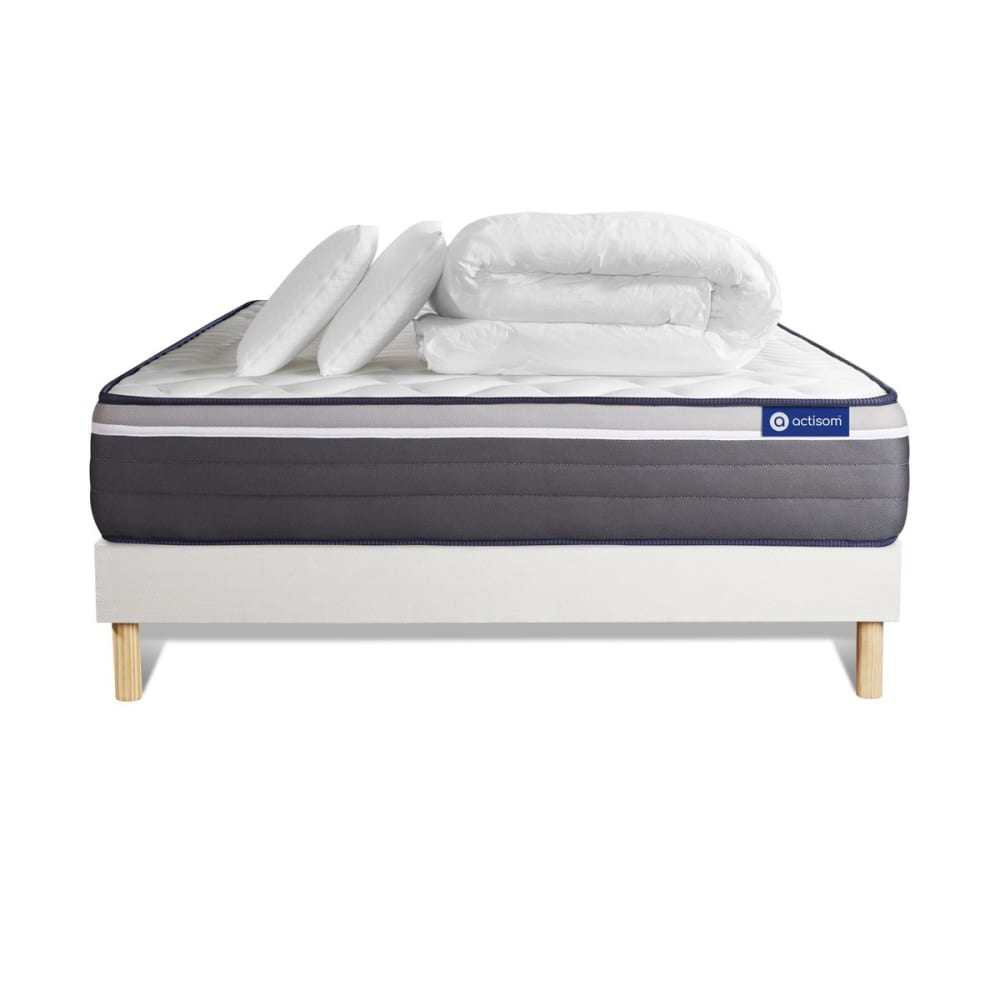 Pack sommier kit matelas Hybride 200x200 Blanc Oreiller couette