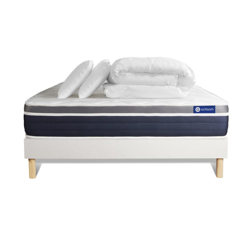 Pack sommier kit matelas Hybride 180x200 Blanc Oreiller couette