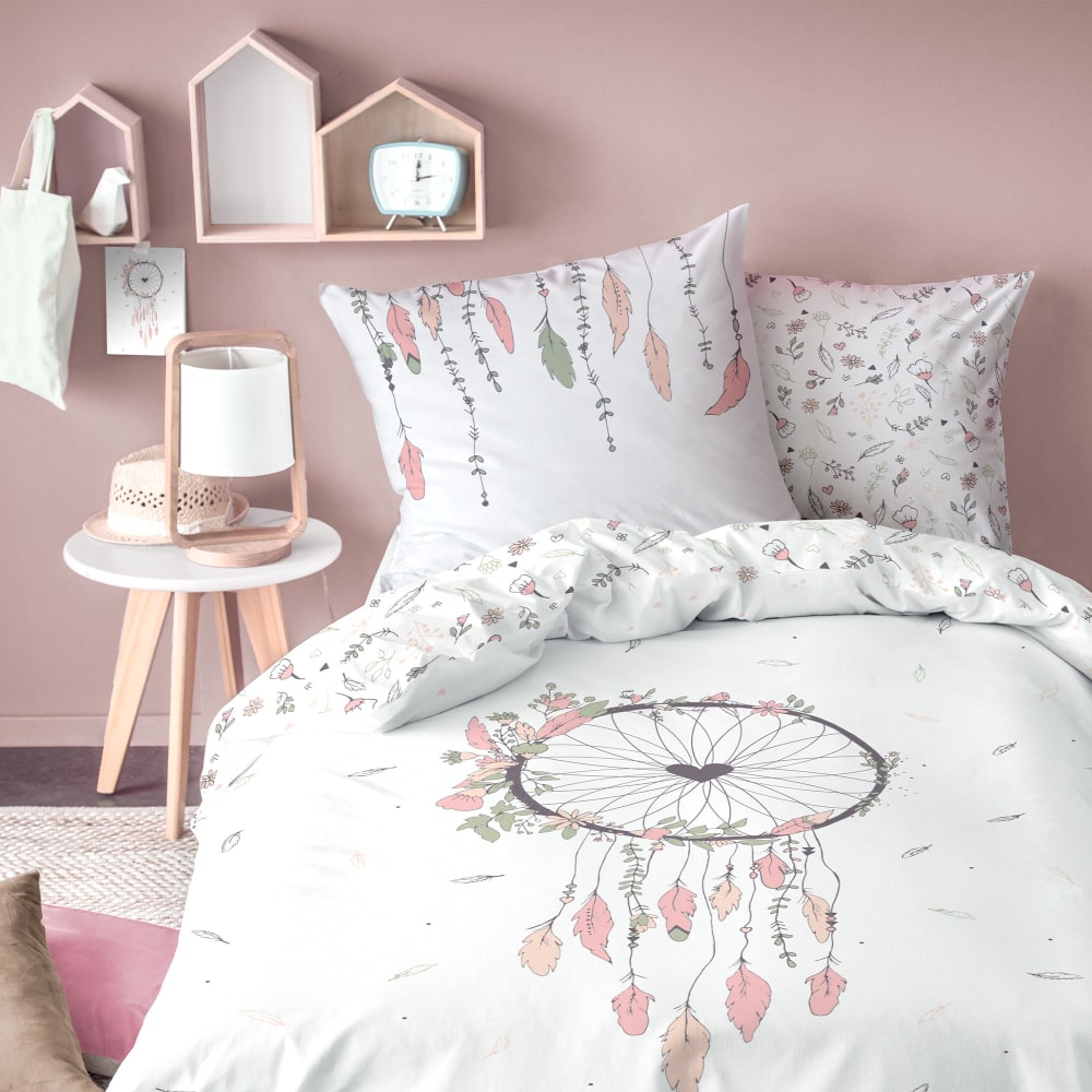 Parure de lit imprimée en coton Blanc 200x200+2x65x65cm