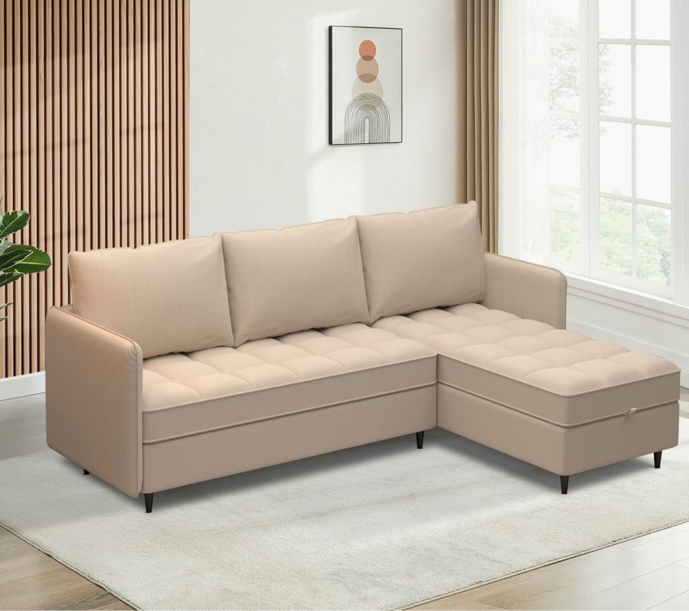 Canapé 3 places avec rangement/méridienne réversible en tissu crème