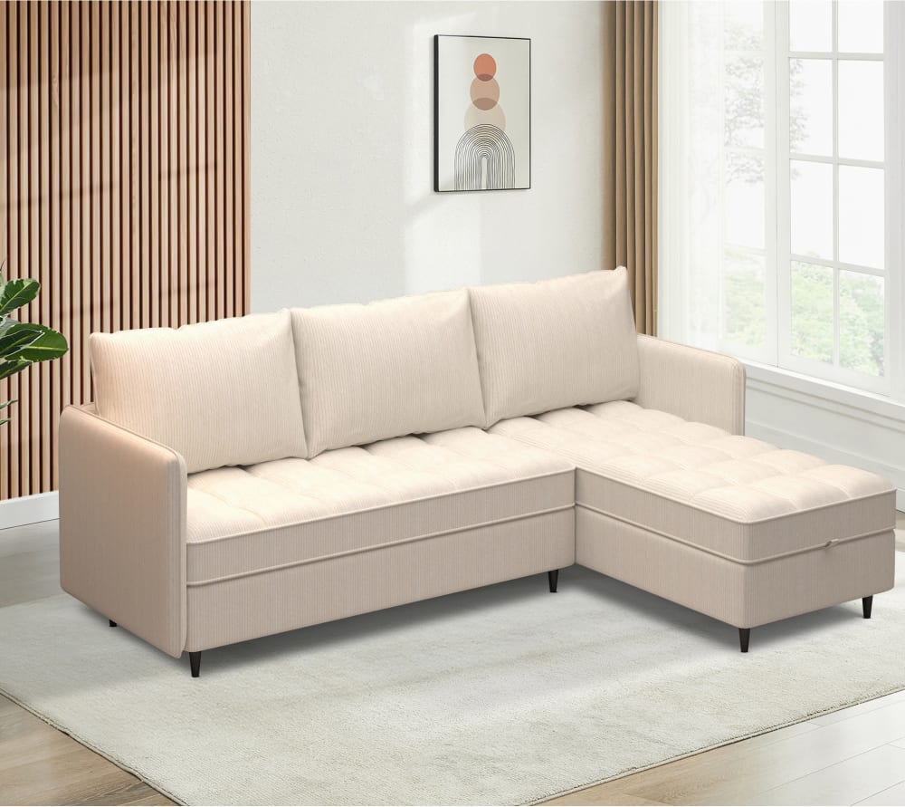 Canapé 3 places avec rangement/méridienne réversible en tissu crème