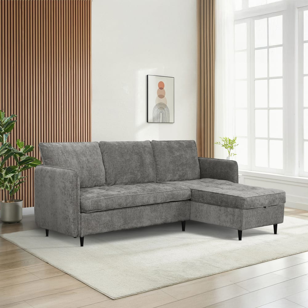 Canapé 3 places avec rangement/méridienne réversible en tissu gris