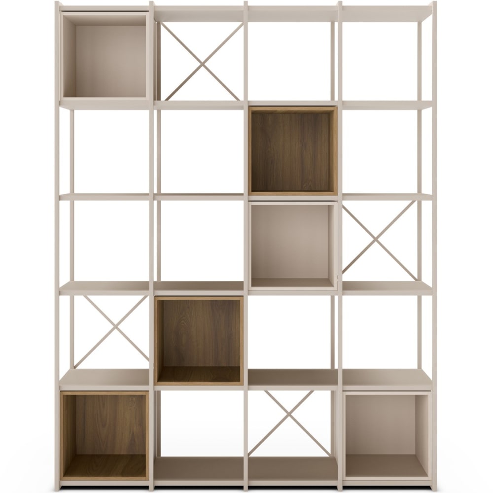Bibliothèque 5 niveaux en métal beige et décor bois 140 cm