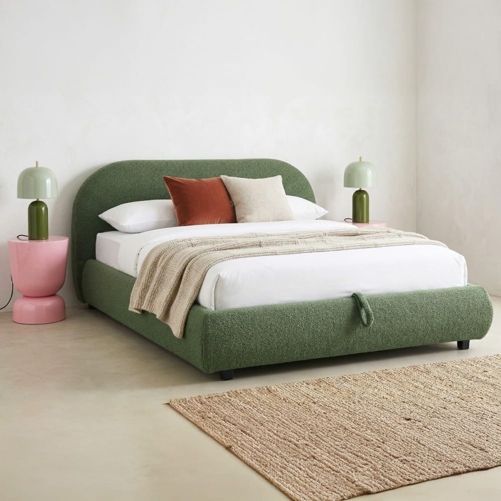 Lit coffre adulte 140x190cm avec tête de lit en tissu bouclé vert kaki