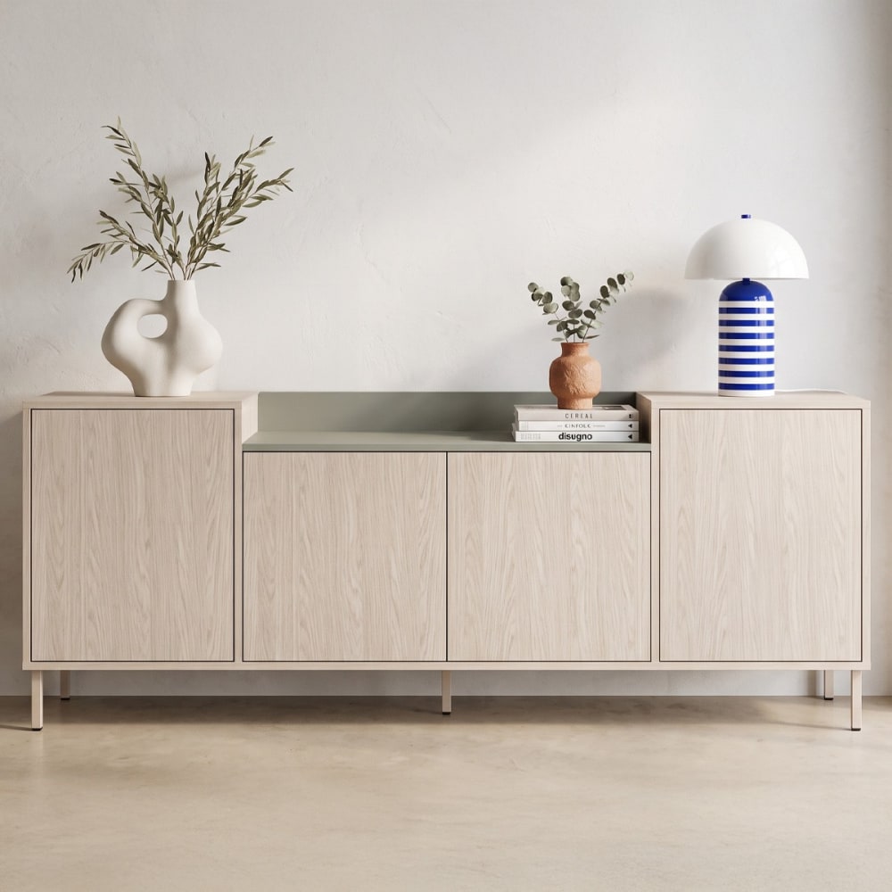 Buffet 4 portes décor chêne clair et vert 200 cm