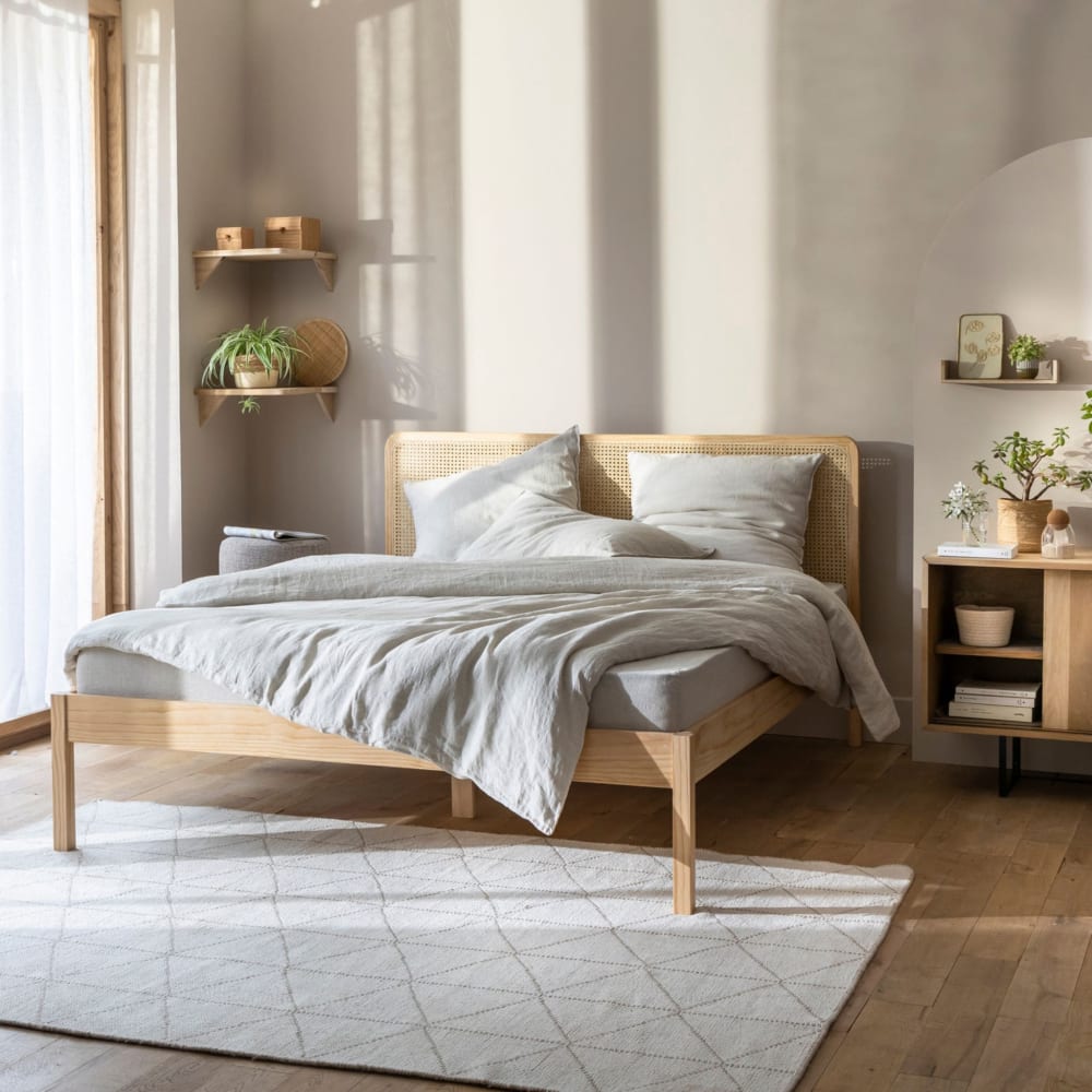 Lit adulte en pin massif avec tête de lit en cannage 140x190