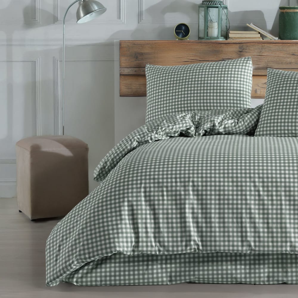 Parure de lit à carreaux 100% coton vert d'eau 260x240 cm