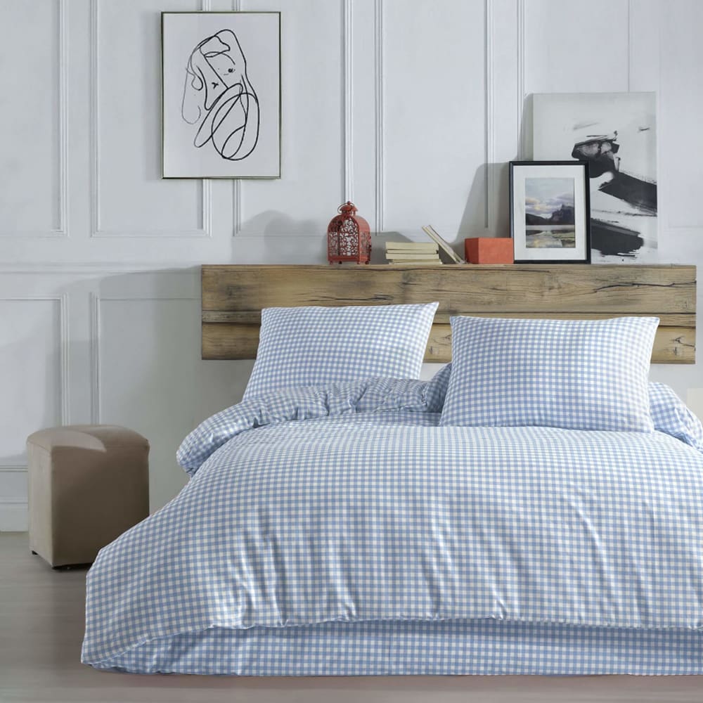 Parure de lit à carreaux 100% coton bleu 260x240 cm