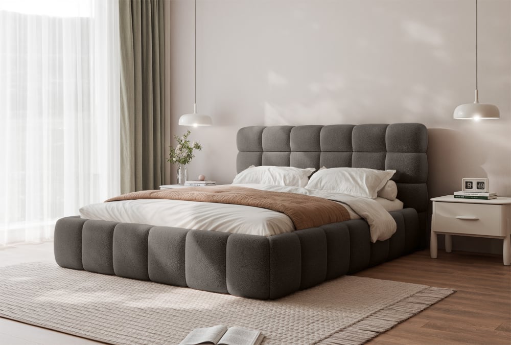 Lit rembourré en tissu bouclé 160x200 cm, marron foncé