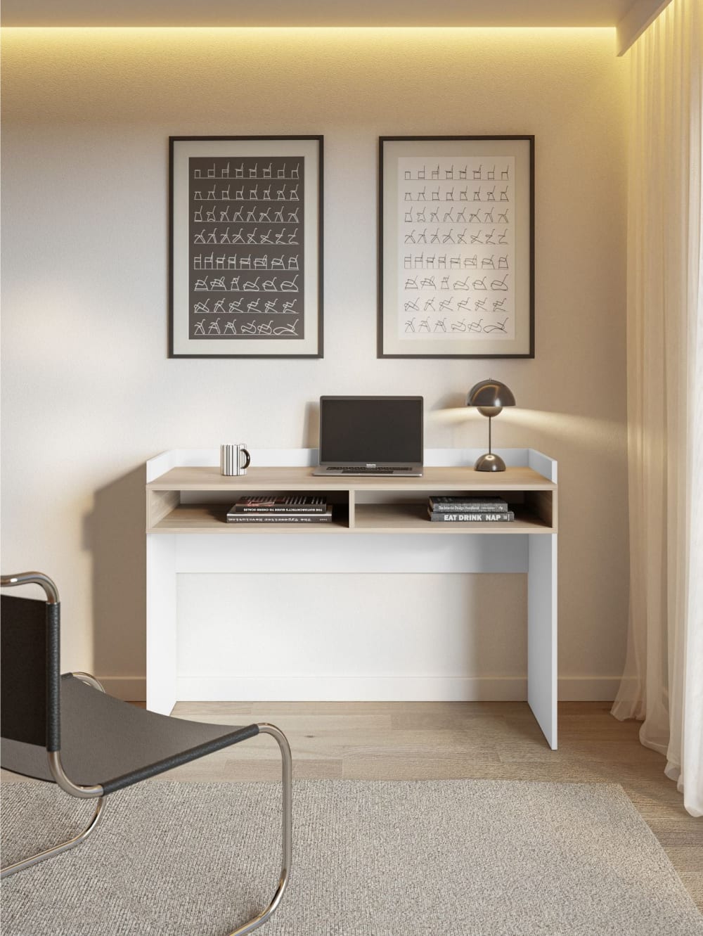 Schreibtisch mit zwei Fächern, Weiß / Nussbaumoptik, 120 × 53 cm