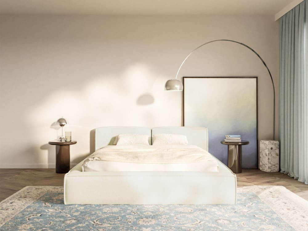 Lit coffre 140 x 200 avec sommier, en tissu chenille, crème