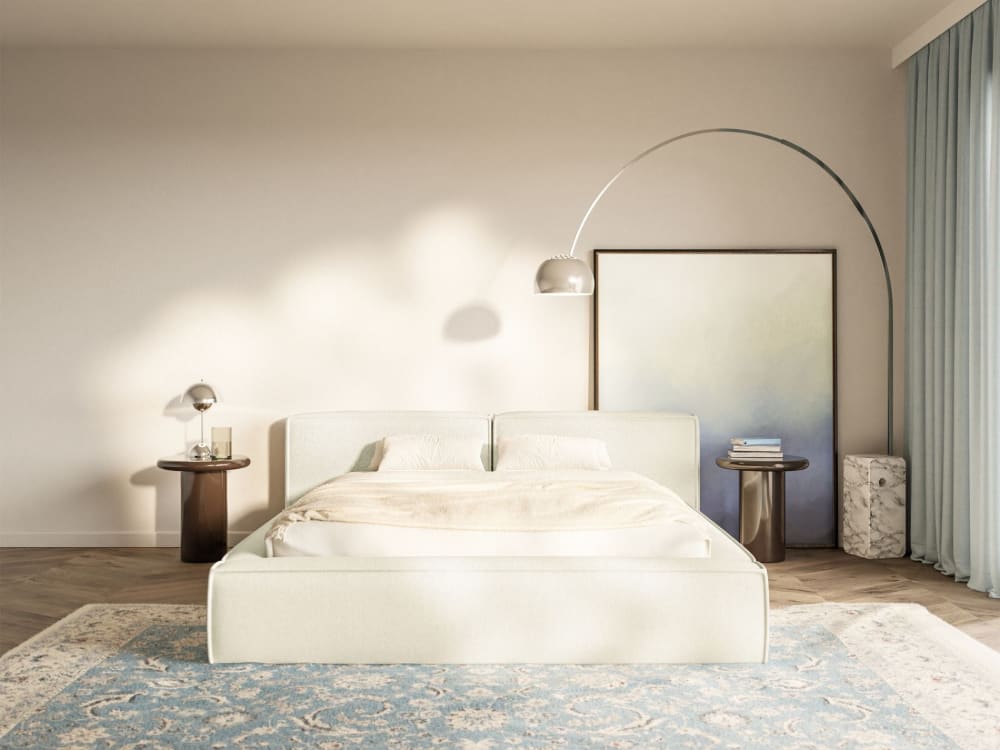 Lit coffre 200 x 200 avec sommier, en tissu chenille, crème