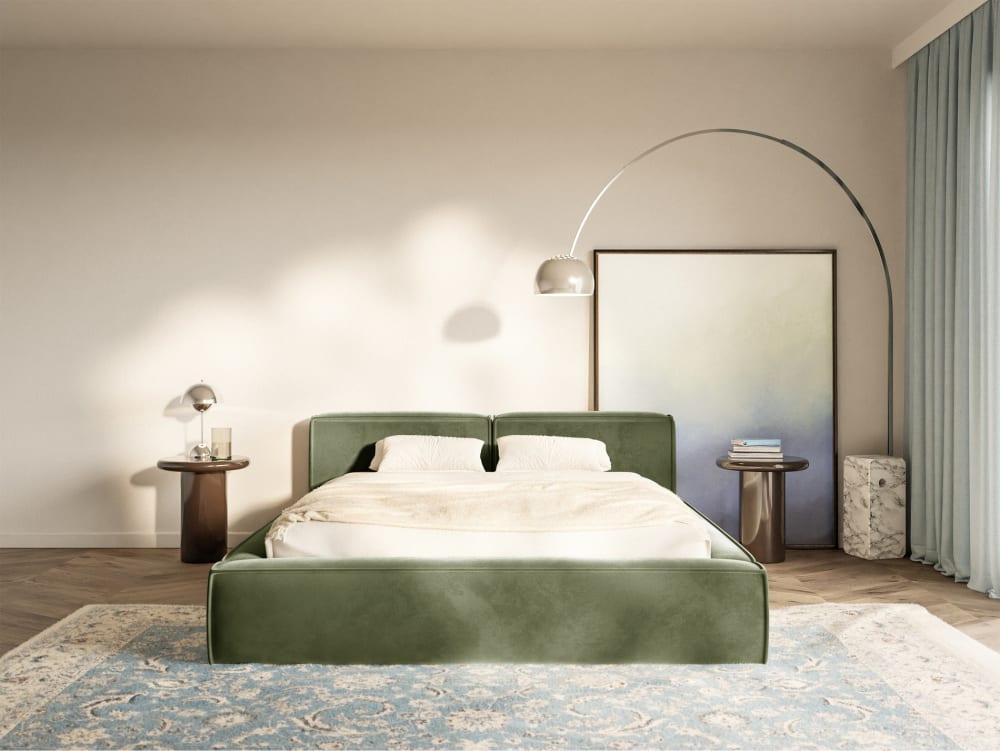 Lit coffre 160 x 200 avec sommier, en velours, vert olive