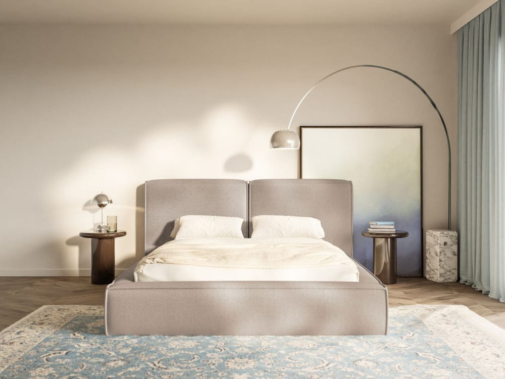 Lit tapissé 180x200 avec coffre, sommier à lattes, chenille, beige