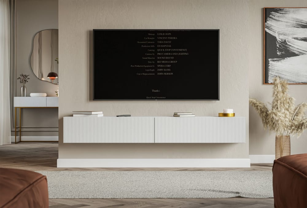 TV-Lowboard hängend mit geriffelten Fronten, 200 cm, weiß -