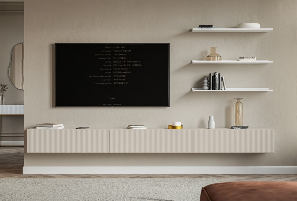 TV-Lowboard hängend mit geriffelten Fronten, 300 cm, greige -