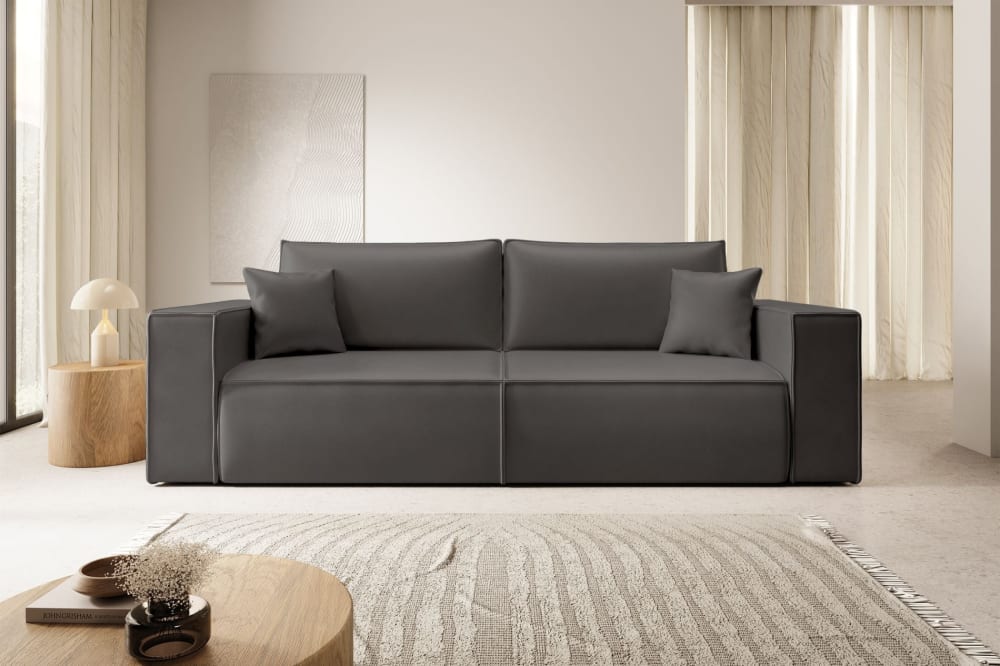 Canapé convertible 3 places avec coffre, simili cuir, gris foncé