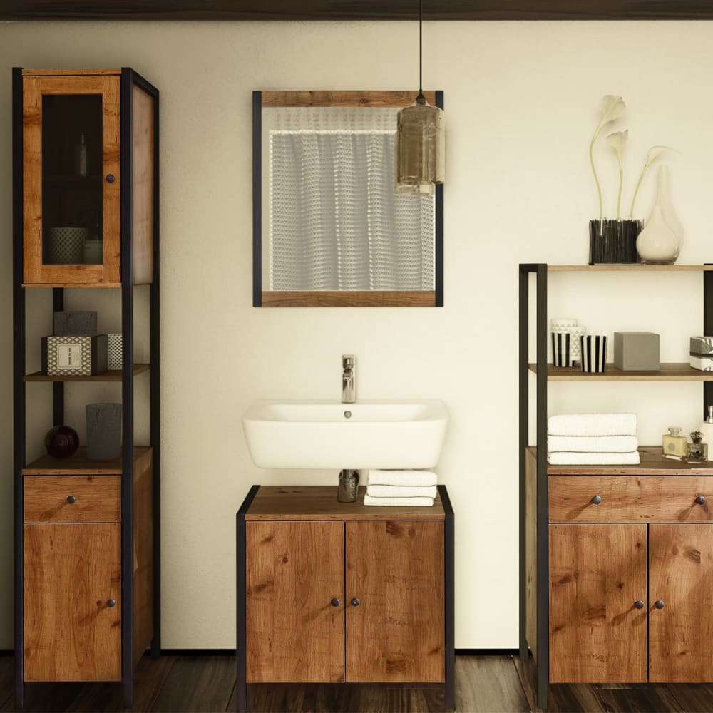 Loft24 Badhochschrank mit 2 Türen und 1 Schublade in Holzoptik style industrial Braun Spanplatte