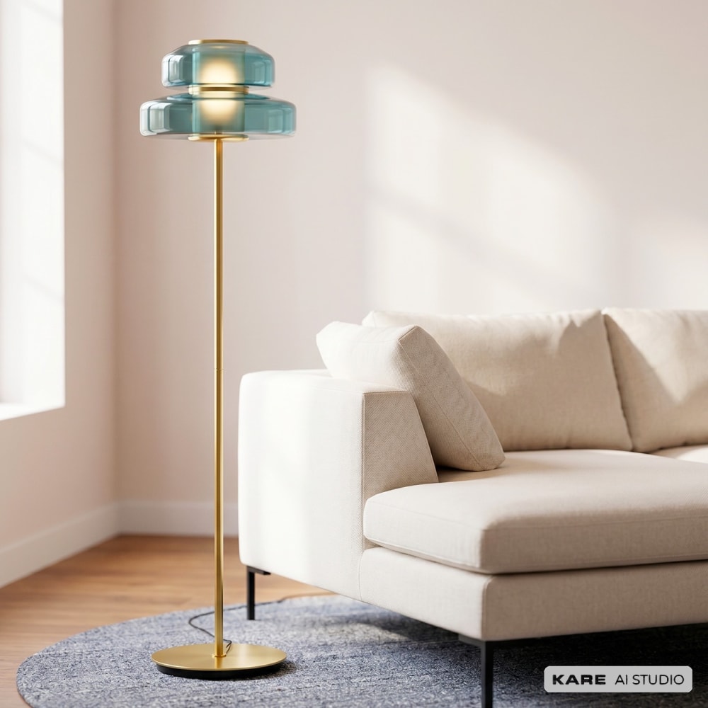Stehleuchte aus Glas und Stahl, blau und gold, H155cm - Maisons
