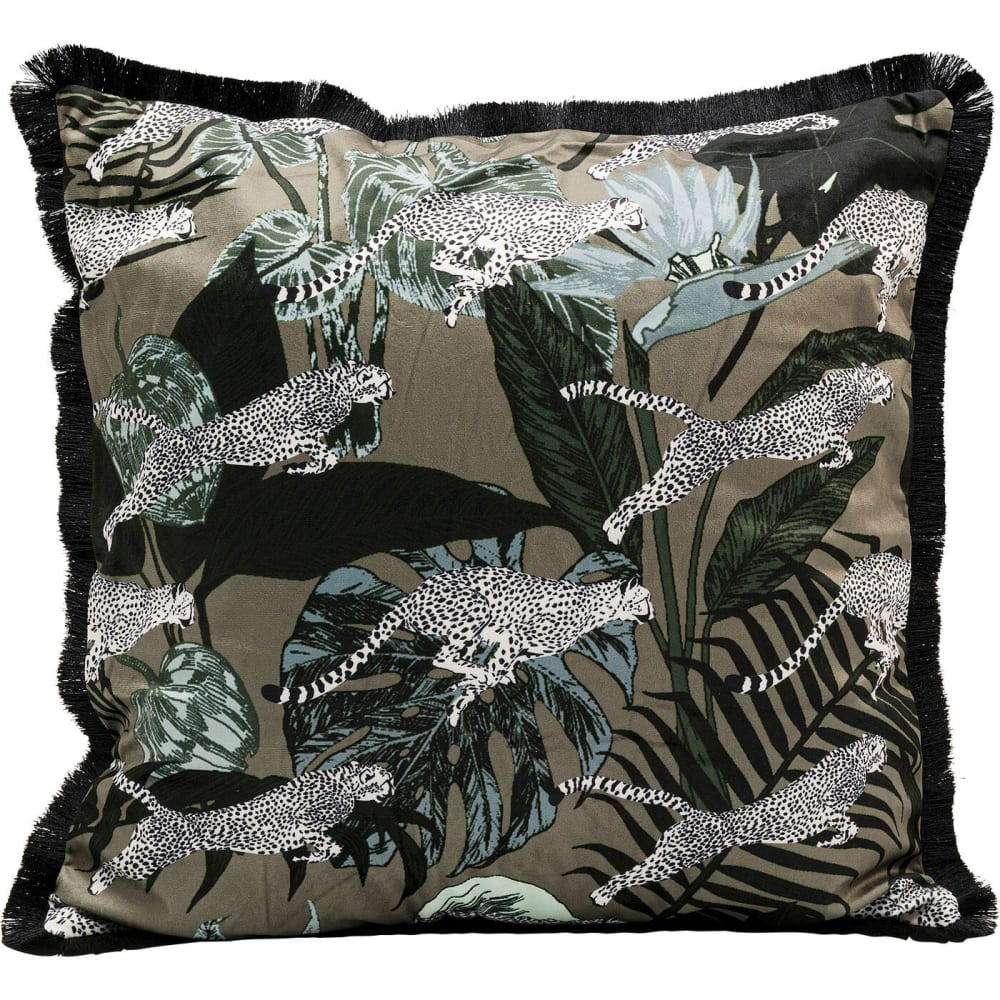 Kare Design Kissen mit Leoparden und Fransen, mehrfarbig, 45x45cm style modern Braun Samt