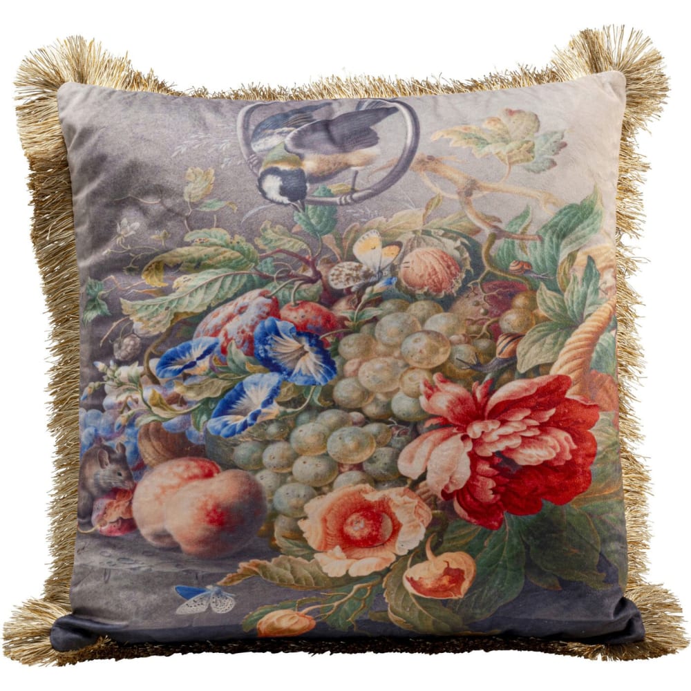 Kare Design Kissen mit Blumen-Motiv und Fransen, mehrfarbig, 45x45cm style modern - Samt