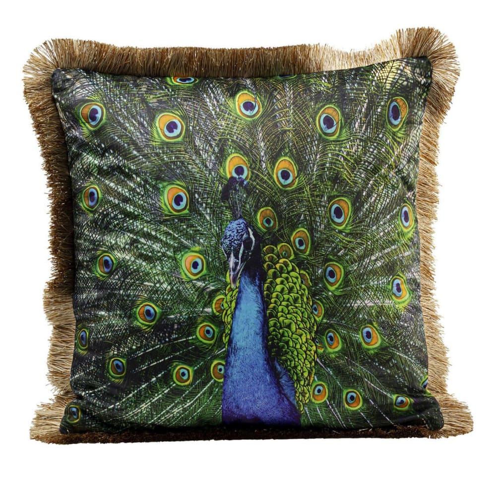 Kare Design Kissen mit Pfauen-Motiv und Fransen, mehrfarbig, 45x45cm style modern Grün Pes - Polyester