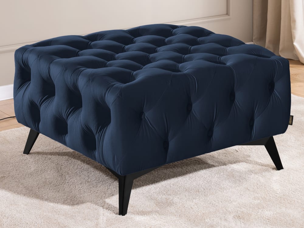 Repose-pieds Chesterfield en velours bleu avec pieds noirs