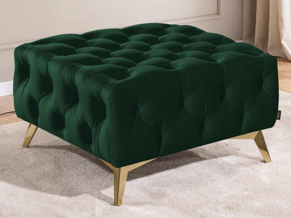 Repose-pieds Chesterfield en velours vert avec pieds dorés