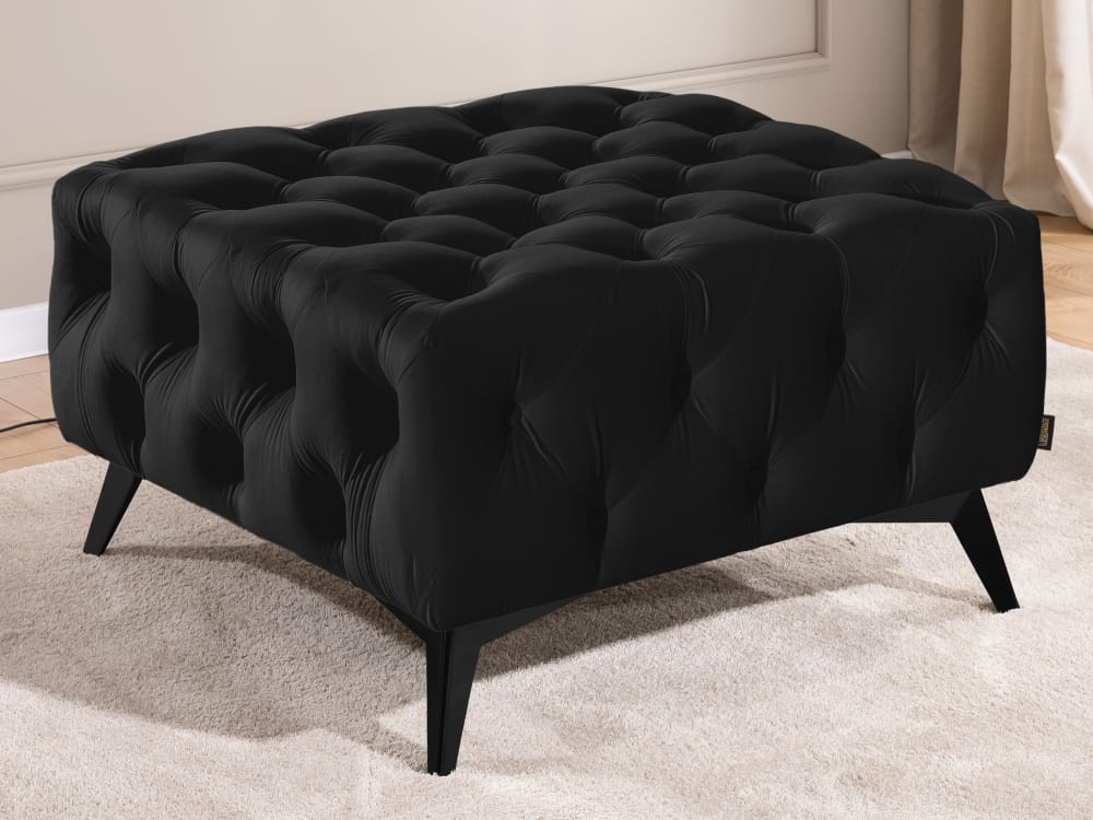 Repose-pieds Chesterfield en velours noir avec pieds noirs