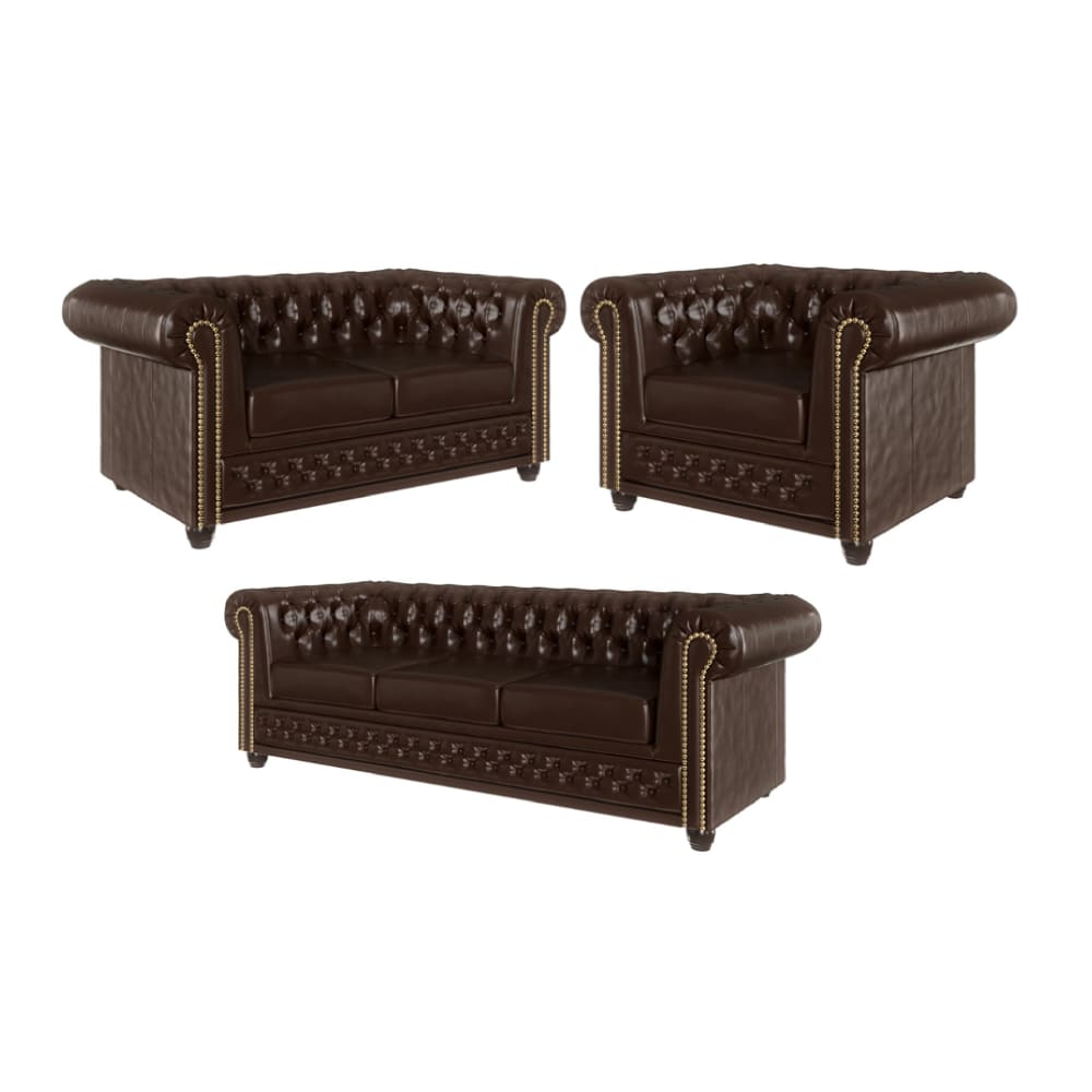 Ensemble de canapés Chesterfield 3+2+1 fonction lit, cuir végan marron