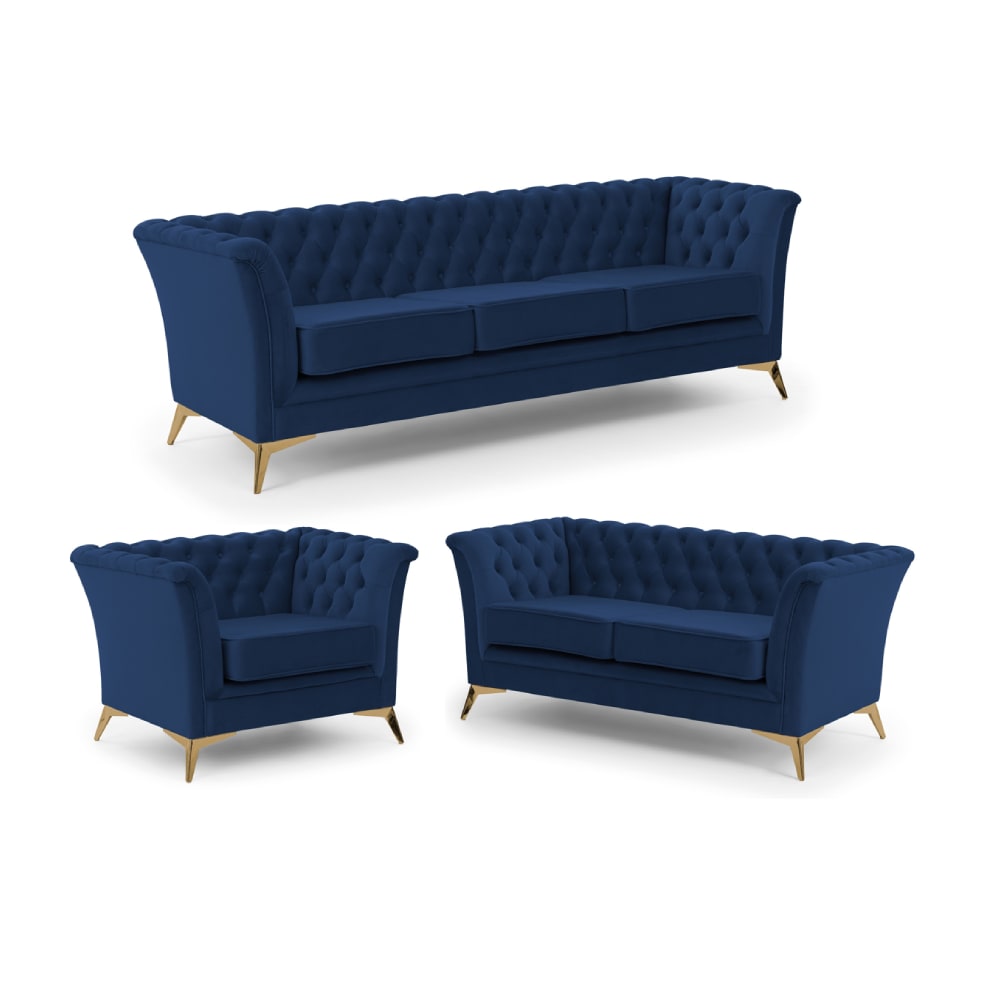 Ensemble de canapés Chesterfield 3+2+1 en velours bleu marine
